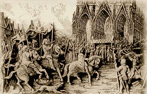 L'arrivee du cortege royal a la cathedrale de Reims le jour du sacre