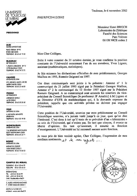 Lettre du president de l'Universite de Toulouse Le Mirail
